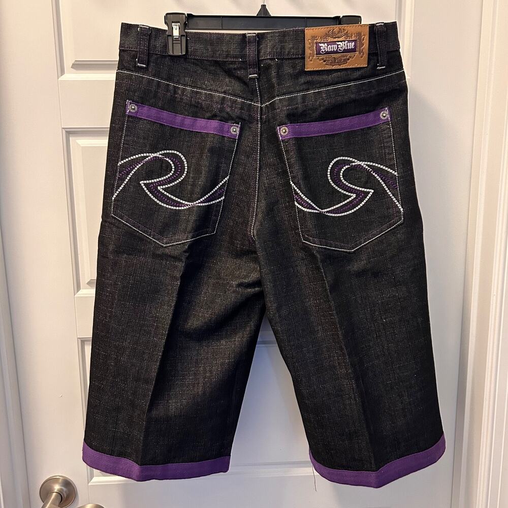 Vintage Raw Blue Y2K Purple Embroidered Baggy Denim Jorts Mens 32